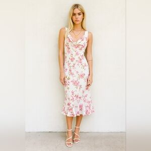 Y2K 90s Midi Slip Dress Size 16 L Floral Ruffle Cowl Neck Hi-low Romantic Vtg